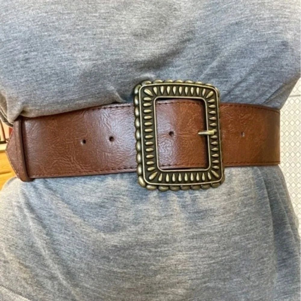 Wide Brown Western Faux Leather waist Belt OS Boho Chunky Buckle Statement